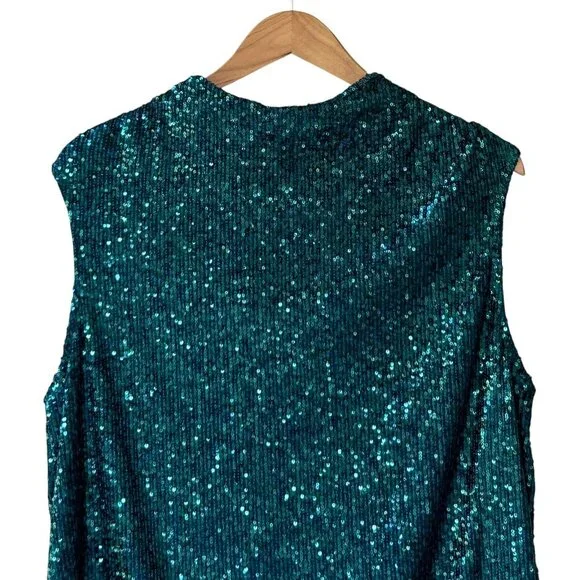 NWT Cable & Gauge Teal Sequin Mock-Neck Top | Sleeveless Blouse | Size M - Picture 8 of 12